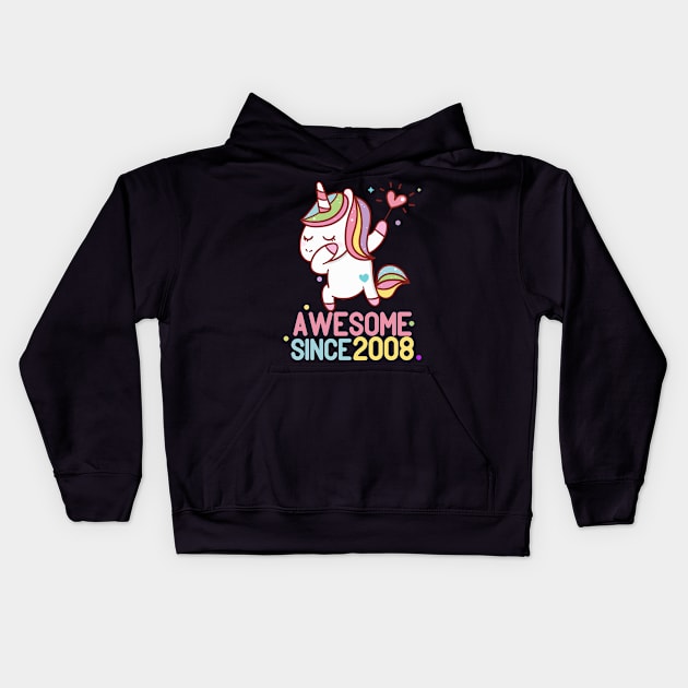 Awesome Since 2008 Dabbing Unicorn 12th Birthday Gift Kids Hoodie by BeHappy12